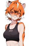  1girl absurdres animal_ears arknights black_sports_bra blush breasts brown_hair cleavage collarbone furry furry_female glasses highres looking_at_viewer medium_breasts orange_hair parted_lips red_eyes round_eyewear short_hair simple_background solo sports_bra tiger_ears twilight_(cgkk4357) upper_body waai_fu_(arknights) white_background white_hair 