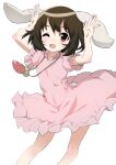  1girl ;d animal_ears arms_up bare_legs black_hair body_blush carrot carrot_necklace covered_navel dot_nose dress feet_out_of_frame floating_hair floppy_ears frilled_dress frilled_sleeves frills inaba_tewi jewelry light_blush looking_at_viewer necklace one-hour_drawing_challenge one_eye_closed open_mouth pink_dress polpol puffy_short_sleeves puffy_sleeves rabbit_ears rabbit_girl rabbit_pose rabbit_tail red_eyes short_hair short_sleeves simple_background smile solo standing tail touhou white_background 