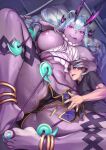  1boy 1girl aqua_hair bare_shoulders barefoot bed black_hair black_skirt blush breasts cameltoe colored_skin crotch earrings eyeliner fang fate/grand_order fate_(series) grey_skin hair_between_eyes highres horns ibuki_douji_(fate) jewelry large_breasts long_hair looking_at_viewer magatama makeup multicolored_hair navel nekomata_naomi nipples on_bed oni oni_horns pelvic_curtain pillow pink_hair pointy_ears red_eyes ribbed_sweater short_hair sidelocks size_difference skirt sleeveless sleeveless_sweater smile spread_legs sweater thighs toes tongue tongue_out turtleneck turtleneck_sweater 