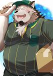  2023 anthro belly big_belly box canid canine canis clothing container delivery_(commerce) delivery_employee domestic_dog hat headgear headwear hi_res kemono male mammal nazebesu_hobby one_eye_closed overweight overweight_male shirt solo tamacolle topwear yamato_(tamacolle) 