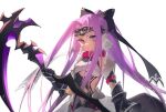  1girl armor black_bow black_gloves black_leotard bow breastplate collar fate/grand_order fate_(series) gloves hair_intakes headband highres holding holding_scythe holding_weapon leotard long_hair looking_at_viewer medusa_(fate) medusa_(lancer)_(fate) ponytail purple_eyes purple_hair scythe sidelocks simple_background solo uby401 very_long_hair weapon white_background 