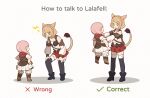  2girls 9yuki animal_ears blonde_hair boots braid cat_ears cat_tail final_fantasy final_fantasy_xiv green_eyes hands_on_own_hips hands_on_own_knees highres how_to_talk_to_short_people_(meme) lalafell lifting_person meme miniskirt miqo&#039;te multiple_girls pink_hair scarf short_hair simple_background skirt smile tail thighhighs twin_braids warrior_of_light_(ff14) 