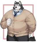  2023 anthro black_nose bottomwear canid canine canis clothing domestic_dog fuguri hi_res kemono male mammal necktie overweight overweight_male pants shirt simple_background solo topwear 