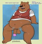  anthro balls bear bodily_fluids bottomless brown_bear cartoon_network clothed clothing cum dialogue digital_media_(artwork) genital_fluids genitals grizzly_(wbb) grizzly_bear half-erect hi_res humanoid_genitalia humanoid_penis looking_at_viewer male mammal partially_clothed penis precum sebboh sitting smile solo ursine we_bare_bears 