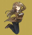  1girl arm_up book bow bowtie brown_coat brown_hair coat hairband highres holding holding_book jumping library_of_ruina long_hair malkuth_(project_moon) project_moon red_hairband salute sidelocks simple_background smile solo yellow_background yellow_bow yellow_bowtie york0pm 