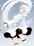  blue_eyes constellation dress holding holding_sword holding_weapon looking_back ponytail rwby scar scar_across_eye skirt snow snowflake_print snowing sword tanoshihana thighhighs thighs tiara weapon weiss_schnee white_dress white_hair 