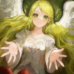  1girl angel_wings bird blonde_hair commentary_request dress english_commentary fire_emblem fire_emblem:_path_of_radiance fire_emblem:_radiant_dawn green_eyes highres jurge leanne_(fire_emblem) long_hair looking_at_viewer lying mixed-language_commentary outdoors outstretched_arms reaching reaching_towards_viewer smile solo white_dress wings 