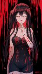  1girl :d ^_^ absurdres arm_at_side armpit_crease bare_shoulders black_background black_hair black_nails black_wristband blood blood_on_breasts blood_on_clothes blood_on_face blood_on_hands blood_on_leg blood_splatter blood_writing blush breasts cc_lin chinese_commentary cleavage closed_eyes collarbone colored_eyelashes commentary_request cowboy_shot double-parted_bangs dress eyelashes facing_viewer finger_to_own_chin groin hair_between_eyes hair_over_breasts hand_up highres index_finger_raised large_breasts lips long_hair nail_polish open_mouth original pixiv_username side_ponytail skin_tight smile solo standing straight-on straight_hair strapless strapless_dress teeth upper_teeth_only very_long_hair 