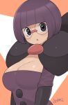  1girl black_eyes black_gloves blunt_bangs breasts cleavage elbow_gloves glasses gloves highres large_breasts multicolored_background orange_background parted_lips pokemon pokemon_(game) pokemon_bw purple_hair round_eyewear ryuusui_arumo shauntal_(pokemon) short_hair solo upper_body white_background 