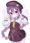  1girl aged_down beret blush braid braided_ponytail dress fate/grand_order fate_(series) glasses hat highres long_hair looking_at_viewer mochan necktie purple_dress purple_eyes purple_hair purple_headwear sion_eltnam_sokaris solo tagme very_long_hair yellow_necktie 
