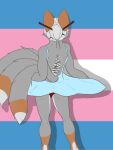  3:4 anthro black_stripes blue_background blue_clothing blue_dress bottomwear canid canine clothing digital_drawing_(artwork) digital_media_(artwork) dress dress_go_spinny female fox fur grey_body grey_fur grey_tail hi_res lgbt_history_month lgbt_pride mammal multi_tail pattern_background pink_background pride_colors red_body red_ears red_fur simple_background skirt striped_background striped_body striped_fur stripes tail transgender_pride_colors white_background white_body white_fur white_tail_tip 