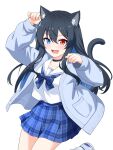  1girl :d absurdres animal_ear_fluff animal_ears black_choker black_hair blue_bow blue_bowtie blue_cardigan blue_eyes blue_hair blush bow bowtie cardigan cat_ears cat_girl cat_tail choker collarbone colored_inner_hair cowboy dot_nose fang felutiahime foot_up hair_between_eyes hand_up heterochromia highres long_hair long_sleeves looking_at_viewer miniskirt multicolored_hair open_cardigan open_clothes open_mouth original paw_pose plaid plaid_bow plaid_bowtie plaid_skirt pleated_skirt pocket raised_eyebrows red_eyes sailor_collar school_uniform serafuku shirt shirt_overhang shoes simple_background skirt sleeve_cuffs smile tail white_background white_footwear white_sailor_collar white_shirt 