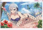  1girl absurdres bare_shoulders bikini blue_sky breasts cleavage cloud cloudy_sky day flower green_eyes grey_hair hair_ornament hibiscus highres large_breasts long_hair looking_at_viewer ocean official_art open_mouth outdoors page_number palm_tree scan senran_kagura senran_kagura_new_link shiny_skin side-tie_bikini_bottom simple_background sky solo swimsuit thighhighs thighs tree water yaegashi_nan 