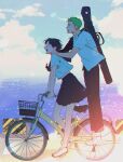  1boy 1girl alternate_costume bicycle bicycle_basket black_hair closed_eyes earrings from_side full_body green_hair ground_vehicle jewelry kuina one_piece open_mouth riding riding_bicycle roronoa_zoro school_uniform short_hair single_earring smile solla385 