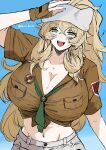  1girl abs barghest_(fate) barghest_(swimsuit_archer)_(fate) blonde_hair breasts cleavage fate/grand_order fate_(series) green_eyes grey_headwear grey_skirt hat high_ponytail highres huge_breasts kaita_(mokamilkcup) long_hair looking_at_viewer midriff navel neckerchief open_mouth shirt short_sleeves sidelocks skirt smile solo thighs tied_shirt yellow_shirt 