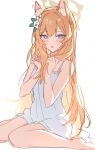  1girl animal_ears bare_shoulders barefoot blue_archive blue_eyes blush dress flower hair_flower hair_ornament halo hands_in_own_hair highres long_hair looking_at_viewer mari_(blue_archive) nightgown open_mouth orange_hair simple_background teti thighs white_background white_dress 