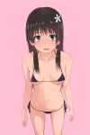  1girl absurdres bikini black_bikini black_hair blue_eyes blush breasts cleavage collarbone cowboy_shot flower groin hair_between_eyes hair_flower hair_ornament highres light_blush long_hair looking_at_viewer micro_bikini musaki_(msaki666) navel open_mouth pink_background saten_ruiko sidelocks simple_background small_breasts solo standing swimsuit thigh_gap toaru_kagaku_no_railgun toaru_majutsu_no_index 