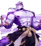  1boy abs animal_ears arms_at_sides bara belt chain clothes_around_waist diamond_(shape) facial_hair forked_eyebrows furry furry_male goatee highres large_hands large_pectorals long_hair male_focus mature_male multicolored_hair muscular muscular_male navel nipples open_hands original pectorals ponytail purple_fur sadiend solo stomach streaked_hair thick_eyebrows tiger_boy tiger_ears topless_male white_hair wind yellow_eyes zong_wumi 