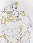  anthro beard belly bulge clothed clothing crossdressing elder eric_dream_everyotherheart facial_hair felid hair hi_res king king_(character) lion long_hair makeup male male/male mammal muscular mustache old pantherine royalty slightly_chubby solo tight_clothing 