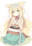  1girl animal_ear_fluff animal_ears arknights basket black_cat blonde_hair blue_hairband blue_skirt blush brown_footwear cardigan cat closed_mouth commentary fox_ears fox_girl fox_tail frilled_hairband frills full_body green_eyes hair_ornament hair_scrunchie hairband high-waist_skirt highres holding holding_basket kitsune kyuubi long_hair long_skirt long_sleeves luoxiaohei multicolored_hair multiple_tails neck_ribbon official_alternate_costume open_cardigan open_clothes puffy_long_sleeves puffy_sleeves red_ribbon ribbon ryoku_sui scrunchie seiza shirt simple_background sitting skirt solo stitches suzuran_(arknights) suzuran_(spring_praise)_(arknights) tail the_legend_of_luo_xiaohei two-tone_hair white_background white_hair white_shirt yellow_cardigan 