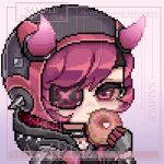  1girl animification apex_legends black_choker black_gloves black_jacket black_shirt chibi chinese_commentary choker cyber_punked_wattson doughnut food gloves holding holding_food hood hood_down horns jacket looking_at_viewer official_alternate_costume one_eye_covered patch pink_background pink_eyes pixel_art portrait red_hair sample_watermark shirt short_hair solo spikes wattson_(apex_legends) yo_yi 