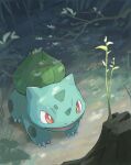  bright_pupils bulbasaur claws commentary_request fangs full_body grass highres leaf momota_pix no_humans open_mouth outdoors pokemon pokemon_(creature) red_eyes smile solo standing white_pupils 