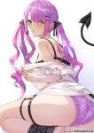  1girl ass bare_shoulders blush breasts clothes_pull dated demon_tail ear_piercing green_eyes hair_ornament hairclip highres hololive huge_ass kinoko_(shikimylove) lace-trimmed_panties lace_trim long_hair looking_at_viewer multicolored_hair panties piercing pink_hair purple_hair shirt_pull solo streaked_hair tail thigh_strap thighs tokoyami_towa twintails twitter_username underwear virtual_youtuber 