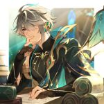  1boy alhaitham_(genshin_impact) aqua_hair artist_name black_gloves blue_eyes book book_stack chest_jewel closed_mouth detached_sleeves genshin_impact gloves grey_hair hair_between_eyes hair_over_one_eye highres holding holding_quill looking_at_viewer male_focus multicolored_hair paper partially_fingerless_gloves quill scroll shoulder_cape solo upper_body vision_(genshin_impact) yuelight 