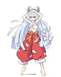  1girl adapted_costume armpits arms_up baggy_pants bare_arms barefoot blunt_bangs blunt_ends bow crop_top expressionless fujiwara_no_mokou full_body grey_hair hair_bow highres long_hair looking_at_viewer navel ofuda ofuda_on_clothes orange_bow orange_eyes pants primsla red_pants simple_background solo standing stomach straight_hair touhou waist_bow white_background white_bow 