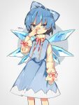  1girl alternate_costume blue_hair blue_ribbon blue_skirt blue_vest bow bowtie buttons circle cirno frilled_sleeves frills grey_background grey_eyes hair_between_eyes hair_ribbon highres ice ice_wings long_skirt long_sleeves looking_at_viewer red_bow red_bowtie ribbon short_hair simple_background skirt sleeve_bow so_happy_64 sweater touhou translation_request turtleneck turtleneck_sweater two-tone_background vest white_background white_sweater wings 