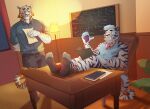  anthro arcticlion blush chalkboard clothed clothing desk duo eyewear feet felid foot_focus footwear furniture glasses gryn_sharpfang inside male male/male mammal muscular neckerchief pantherine reclining saber-toothed_tiger socks standing table tiger yorick_(rofllion) 