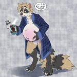  anthro bathrobe beverage clawed_feet clawed_fingers clothed clothing coffee coffee_mug digitigrade ear_piercing hi_res holding_belly linea_nigra male mammal navel open_clothing open_robe outie_navel pattern_background piercing plaid pregnant pregnant_male procyonid raccoon robe rottenrigby ruffled_fur simple_background solo steam tired_eyes tired_look 