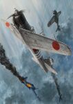  a6m_zero absurdres aerial_battle battle burning cloud damaged debris dogfight f4f_wildcat fire flying highres imperial_japanese_navy japan pilot propeller radio_antenna real_life realistic roundel smoke united_states_navy world_war_ii zandan_zero_to_na!? 