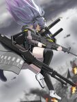  1girl animal_ears arknights black_hair black_shorts black_thighhighs blurry blurry_background cat_ears closed_mouth cloud cloudy_sky commentary depth_of_field english_commentary eye_trail fire green_eyes grey_jacket gun headphones headset highres holding holding_gun holding_weapon hood hood_down hooded_jacket jacket jessica_(arknights) jessica_the_liberated_(arknights) light_trail long_hair long_sleeves looking_down multicolored_hair outdoors ponytail profile puffy_long_sleeves puffy_sleeves purple_hair shoes short_shorts shorts sky solo streaked_hair thighhighs tofudofu trigger_discipline weapon weapon_request white_footwear 