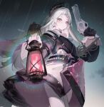  1girl ammunition_belt arknights black_gloves black_jacket blush bright_pupils capelet closed_mouth earrings gloves grey_eyes grey_hair gun handgun head_wings holding holding_lantern irene_(arknights) jacket jewelry johnsmith_(icannotname) lantern long_hair looking_at_viewer pantyhose pink_pupils pink_skirt rapier scar scar_across_eye short_bangs skirt solo sword very_long_hair weapon white_capelet white_pantyhose white_skirt wings 