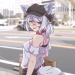  1girl :p animal_ear_fluff animal_ears bag bare_shoulders black_headwear black_shorts blurry blurry_background breasts brown_eyes cabbie_hat closed_mouth collar commentary_request day depth_of_field ears_through_headwear fox_ears fox_girl fox_tail from_side grey_hair hat highres looking_at_viewer looking_to_the_side medium_breasts off-shoulder_shirt off_shoulder original outdoors paper_bag ray_co99 red_collar shirt shorts smile solo tail tongue tongue_out white_shirt 