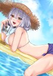  1girl alcohol arm_under_breasts beer beer_can blue_sky blush breasts can goddess_of_victory:_nikke grey_hair hat highres holding holding_can hoshi_naru open_mouth outdoors scarlet_(nikke) sky straw_hat swimsuit wet yellow_eyes 