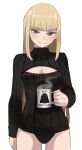  1girl am_(star_wars) arm_at_side black_panties black_sweater blonde_hair blunt_bangs breasts cleavage_cutout closed_mouth clothing_cutout coffee_mug commentary cup darth_vader english_commentary english_text highres hime_cut holding holding_cup jourd4n long_sleeves looking_at_viewer medium_breasts mug no_pants panties purple_eyes ribbed_sweater simple_background smile solo split_mouth star_wars star_wars:_visions straight-on sweater underwear white_background 