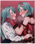  !? 2girls after_kiss aqua_hair bang_dream! black_thighhighs blue_skirt blush bow crown demon_horns demon_wings dress extreme_yuri_buta gloves green_eyes hand_in_another&#039;s_hair hand_on_another&#039;s_back hand_on_another&#039;s_face heart heart_in_eye highres hikawa_hina hikawa_sayo horns incest long_hair looking_at_another medium_hair mini_crown multiple_girls open_mouth purple_bow red_background red_dress red_gloves saliva saliva_trail shirt siblings sisters skirt smile symbol_in_eye thighhighs twincest twins white_shirt wings yuri 