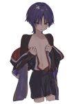  1boy black_shirt black_shorts blush collarbone cowboy_shot furrowed_brow genshin_impact highres long_sleeves looking_down male_focus midriff navel parted_bangs purple_eyes purple_hair scaramouche_(genshin_impact) shirt shorts solo sweatdrop tsurime undressing white_background yamabuki_(yamabuki_xxxxx) 