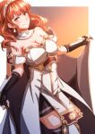  1girl absurdres black_gloves blush breasts celica_(fire_emblem) cleavage closed_mouth commentary dress earrings fingerless_gloves fire_emblem fire_emblem_echoes:_shadows_of_valentia gloves gold_trim hairband highres jewelry long_hair looking_at_viewer medium_breasts mixed-language_commentary orange_eyes smile solo strapless strapless_dress to_(tototo_tk) wavy_hair white_dress white_hairband 