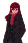  1girl absurdres black_coat breath coat glasses hand_in_pocket highres long_hair looking_at_viewer persona persona_5 persona_5_the_royal rectangular_eyewear red_eyes red_hair red_scarf scarf school_uniform shuujin_academy_school_uniform smgold solo white_background yoshizawa_kasumi 