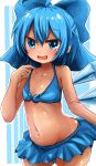  1girl ahoge bikini blue_background blue_bikini blue_bow blue_eyes blue_hair bow cirno commentary cowboy_shot detached_wings groin hair_bow highres ice ice_wings kihuzinz looking_at_viewer midriff navel open_mouth short_hair solo stomach striped striped_background swimsuit tan tanned_cirno touhou wings 