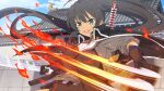  1girl architecture black_hair black_skirt blue_eyes breasts east_asian_architecture fire game_cg highres holding holding_sword holding_weapon homura_(senran_kagura) huge_breasts katana long_hair multiple_swords multiple_weapons neptune_(series) official_art outdoors pleated_skirt ponytail senran_kagura senran_nin_nin_ninja_taisen_neptune:_shoujo-tachi_no_kyouen skirt smile solo sword weapon yaegashi_nan 