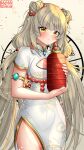 1girl absurdres blush breasts brown_background china_dress chinese_clothes chinese_new_year cleavage_cutout closed_mouth clothing_cutout double_bun dress eeveestrations grey_hair hair_bun highres holding lantern long_hair looking_at_viewer medium_breasts nia_(xenoblade) paper_lantern short_sleeves side_slit smile solo very_long_hair white_dress xenoblade_chronicles_(series) xenoblade_chronicles_2 yellow_eyes 