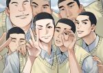  1boy 6+boys beaker_pour black_eyes black_hair blush buzz_cut closed_eyes closed_mouth dark-skinned_male dark_skin fukatsu_kazunari grey_shirt group_picture hand_on_another&#039;s_shoulder highres ichinokura_satoshi kawata_masashi kawata_mikio looking_at_viewer male_focus matsumoto_minoru multiple_boys nobe_masahiro sawakita_eiji shirt short_hair slam_dunk_(series) solo sweater_vest undercut upper_body v very_short_hair yellow_sweater_vest 