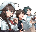  3girls ahoge back-to-back beret black_hair black_jacket blue_eyes braid brown_eyes collared_shirt dress dress_shirt drinking_straw eating folded_ponytail grey_dress hair_flaps hair_over_shoulder hat highres jacket kantai_collection kasuga_maru_(kancolle) long_hair mogami_(kancolle) multiple_girls necktie red_necktie shigure_(kancolle) shigure_kai_ni_(kancolle) shirt short_hair simple_background single_braid sunday_aki t-shirt tumbler white_background white_headwear white_shirt 