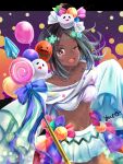  1girl :d balloon bow brown_hair candy_hair_ornament crop_top dark-skinned_female dark_skin fire_emblem fire_emblem_engage fire_emblem_heroes flower food-themed_hair_ornament ghost_hair_ornament hair_flower hair_ornament halloween_costume highres holding holding_polearm holding_weapon long_sleeves looking_at_viewer midriff navel official_alternate_costume one_eye_closed open_mouth polearm red_eyes skirt sleeves_past_fingers sleeves_past_wrists smile solo star-shaped_pupils star_(symbol) symbol-shaped_pupils teeth timerra_(fire_emblem) timerra_(halloween)_(fire_emblem) upper_teeth_only weapon wide_sleeves yuyu_(spika) 