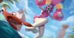  1girl alternate_costume animal barefoot bikini briar_(league_of_legends) colored_sclera crab day grey_eyes hair_between_eyes innertube league_of_legends looking_down open_mouth outdoors pink_bikini pink_hair pointy_ears red_sclera sharp_teeth singed sion_(league_of_legends) solo_focus swimsuit teeth upper_teeth_only vatheja 
