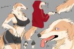  anthro borzoi bottomwear bra breasts canid canine canis claws clothed clothing domestic_dog female fully_clothed fur gym_bottomwear gym_clothing gym_shorts hi_res hoodie hunting_dog kemono long_snout mammal midriff nekomata_ftnr open_mouth pawpads purple_eyes shorts sighthound snout solo sports_bra tan_body tan_fur tongue tongue_out topwear underwear white_body white_fur 
